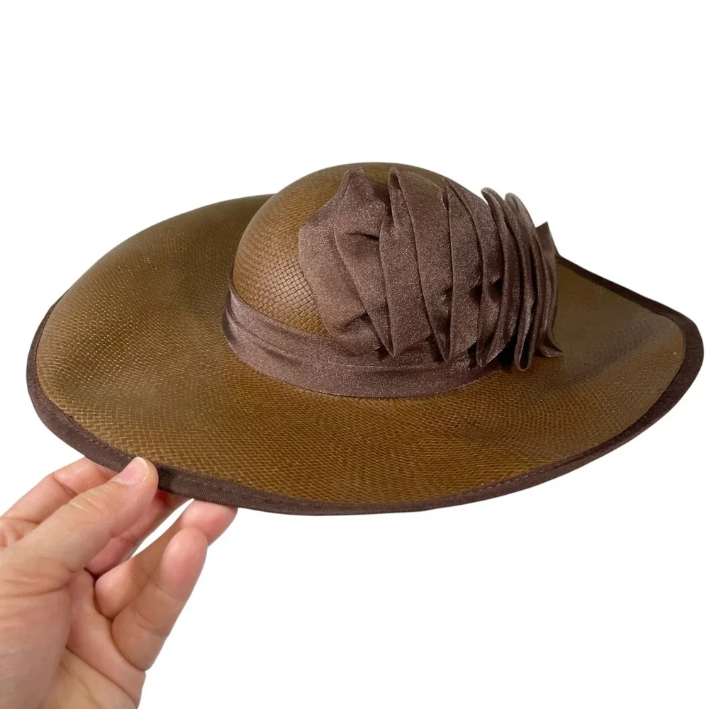 Georgi OS Brown Wide Brim Sun Hat Satin Bow Trim Made in USA Vintage Old Money - Picture 4 of 6